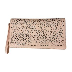Blush Pink Silver Metallic Laser Cut Lace Clutch Crossbody Evening Purse